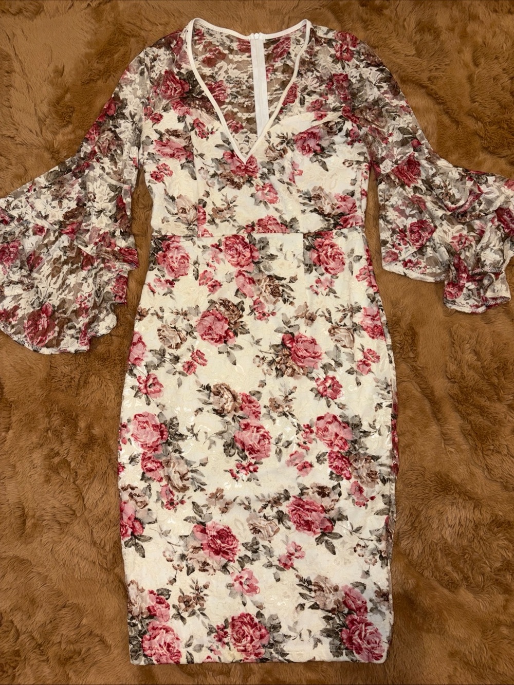 Lace Midi Dress Dramatic Bell Sleeves Romantic Floral Coquette Medium